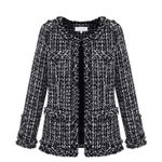 chouyatou Women's Fall Business Casual Tweed Blazer Jacket Collarless Open Front Dressy Tweed Jacket, Black, Medium