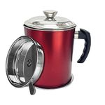 CROWN 2 L/8.4 Cups Bacon Grease Container with Strainer | Pan / 2.1 Quart & Oil 304 Fat Separator Strainers for Kitchen Cooking Can Mesh Strainer, Wine Red Silver, SS-RED