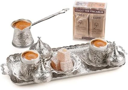 Alisveristime Premium Turkish Coffee Set - 12-Person Turkish Coffee, Cezve, 2-Person Cups, Delight Bowl, and Tray (4 Colors) (Silver)