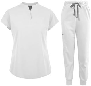 niaahinn Scrubs Set for Women Nurse Uniform Jogger Suit Stretch Top & Pants with Multi Pocket for Nurse Esthetician Workwear (White, Large)