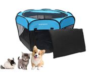 Tecageaon Portable Foldable Pet Playpen Exercise Pen Kennel Tent Carrying Case Indoor Outdoor Water-Resistant Removable Shade Cover for Puppies Kittens Cats Small Dogs (Blue)