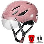 Odoland Adult Bike Helmet with Photochromic Magnetic Sun Visor and LED Rear Light,Bicycle Helmet Mountain Road Bike Adjustable Night Ride Cycling Helmet for Men Women,Reflective Glitter Pink