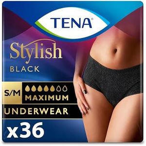 Tena Stylish Black Incontinence Bladder Control Underwear for Women, Maximum Absorbency, Small/Medium, 36 ct (2 Packs of 18)