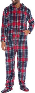 Alexander Del Rossa Adult Onesies for Men, Mens Onesie Pajamas Adults, Fleece Onesie for Men, Hooded Footed Mens Onsie, Classic Tartan Plaid Blue, Large