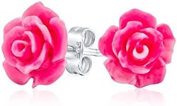 Romantic Delicate Floral 3D carved Pink Rose Flower Stud Earrings For Women Teen For Mother Silver Plated