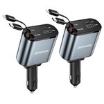 [2 Pack] Retractable Car Charger 4 in 1 Fast Car Phone Charger 69W, Type C Car Charger Adapter with 2X Retractable Phone Charger Cables and 2X USB Ports for iPhone 15/14/13/12, Samsung S24/S23,Google