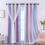 XiDi Rainbow Curtains for Bedroom, Hollowed-out Stars Decoration Thermal Insulated Net Blue Curtains with Rings for Kids Girls Bedroom Window Treatment 52×63 Inch (132×160 cm) 2Pcs