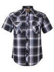 Coevals Club Men's Western Cowboy Short Sleeve Pearl Snap Casual Plaid Work Shirts (Black & Gray #9, XL)