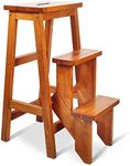 DORTALA 3 Tier Folding Step Stool, Rubber Wood Multifunctional Ladder Chair Bench, Portable Utility Seat, Flower Rack, Light Weight Design with Handle, 353 Lbs Capacity, Space Saving, Ideal for Library, Home, Brown