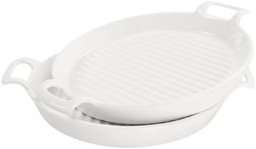 jinsongdafa Round 7.4 Inch Au Gratin Baking Dishes, Set of 2, Porcelain Baking pan Oven Safe, Roasting Lasagna Pans, for Casserole Dish, Pie Plate, Baking, Small Plates, Au Gratin Baking Dishes