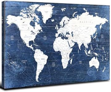 World Map Canvas Wall Art Modern Office Pictures Decorations World Maps for Living Room Wall Decor Retro Global Map Poster Navy Blue Framed Painting Artwork Home Bedroom Decoration 12x16”
