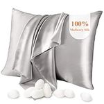 100% Mulberry Silk Pillowcase Pure,21 Momme Both Side Real Silk Pillowcases Hidden Zippered Slip Silk Pillowcase Hypoallergenic Soft Breathable for Hair, Skin and Good Sleep（Grey, Standard：20"x26"）