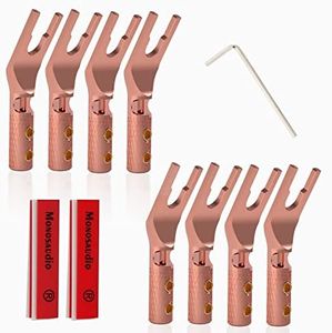 Monosaudio Speaker Spade Connector, 8 Pcs Pure Copper 45 Degree Screw Locking Y Spade Speaker Wire End Connector, HiFi Speaker Fork Spade Plug with Heat Shrink Tubes For 6AWG to 15AWG DIY Speaker Wire