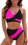 Blooming Jelly High Waisted Bikini Sets for Women Modest Two Piece Swimsuit Curvy Neon Bathing Suit 2024 (M, Black Pink)