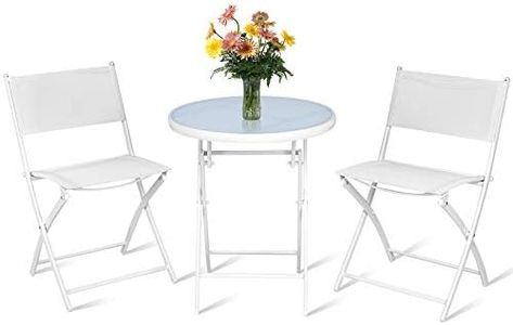 Costway Bistro Table Set, 3 Piece Patio Bistro Set, Outdoor Folding Table and Chairs, Foldable Patio Dining Set, Porch Furniture Set Garden Backyard Metal Frame No Assembly (White)