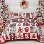 WONGS BEDDING Christmas Quilt Set King Christmas Tree Snowman Snowflake Christmas Gloves Pattern Patchwork Bedding Bedspread Coverlet,3PCS Reversible Red Green Xmas Plaid Quilt 90"x104"