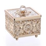 SUMTree Metal JewelrJy Box Trinket Organizer with Lid for Earrings Rings Jewelry Trinkets, Square Vintage Box for Birthday, Wedding, Mothers Days Gifts, 10 * 10 * 8.5cm (Gold)