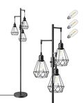 EDISHINE Industrial Floor Lamp, Dimmable Standing Lamp with 3 LED Bulbs, Floor Lamp for Living Room Bedroom Office, Diamond Cage Lampshade, E27 Sockets