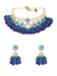 ZAVERI PEARLS Blue Green Stones Cluster Beads Diamonds Choker Necklace & Earring Set For Women-ZPFK18219