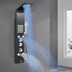 ROVATE Thermostatic Shower Panel Tower System with LED Rainfall Mist Shower Head, Shower Tower with 2 Modes Powerful Body Jets, 304 Stainless Steel 6 Functions Shower Column with Tub Spout, Black