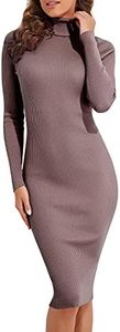 PrettyGuide Women Slim Fit Ribbed Turtleneck Long Sleeve Midi Knit Sweater Dress Camel XXL