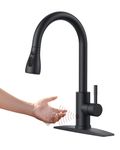 FORIOUS Matte Black Touchless Kitchen Sink Faucets with Pull Down Sprayer, High Arc Single Handle Kitchen Sink Faucet with Deck Plate, Commercial Modern rv Stainless Steel Kitchen Faucets