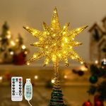 Lewondr Christmas Star Tree Topper, USB Powered Remote Controlled 11 Inch Multilayer Hexagonal Tree Toppers Christmas Decor with 8 Light Modes for Home Holiday Xmas, Timer Function, Gold