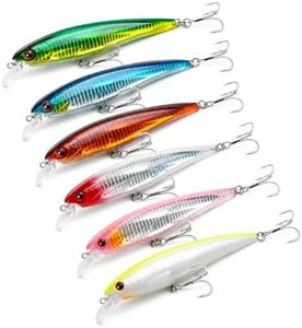 6 Pack 5.5" Floating Minnow Trolling Lures, Saltwater Fishing Lures with BKK 1/0# 4X Treble Hooks & 5 Steel Rattles, Lifelike Action Hard Baits for Bass, Tuna, Mackerel, Large Predatory Fish