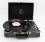 GPO Ambassador Stand-Alone Bluetooth Turntable Record Player with Built-in Speakers, Suitcase Record Player to Record MP3 with RCA Connection, Green and Black