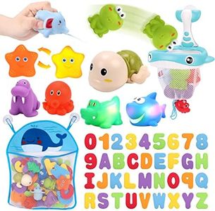 KaeKid Toddlers Bath Toy, Water Spraying Discoloration Light-Up Floating Animals Bath Toys Set, Foam Bath Letters and Numbers Bath Toy, Water Toys for Kids Boys Girls