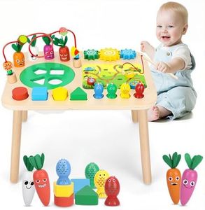 HEYLANDU Activity Table for 1+ Year Old Girls Boys, 7-in-1 Wooden Montessori Toys, Activity Center, Baby Toddler Sensory Toys Kids First Birthday Gift