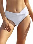 SHEKINI Women's Bikini Bottom Twist Front Swimsuit Brief Ruched Medium Waisted Bathing Suit Bottoms White