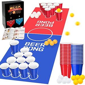 Chennyfun Beer Pong Table Mat Set, Fun Adult Drinking Game, 1 Beer Pong Table Mat（180x60cm）+ 50 Party Plastic Cups +10 Beer Pong Balls + 1 Rule Booklet, Table Games for Party Festivals Tournaments BBQ