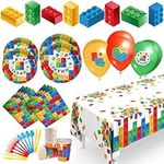 Building Block Birthday Party Supplies Set | Baby Boy Toddler Kids Birthday Brick Decorations – Cups Plates Signs Napkins Balloons Tablecloth Utensils – Decorations for Boys and Girls – Serves 25