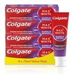 Colgate Max White Purple Reveal Teeth Whitening Toothpaste - Clinically Proven to Remove up to 100% of Surface Stains** - Fluoride Toothpaste - Colgate Multipack - 4 X 75ml