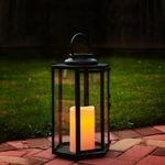 LampLust Outdoor Solar Powered Decorative Lantern with Flameless Candle 14 Inch, Black Metal with Glass, Waterproof, Hanging Decorative Tapered Candle Lamp for Porch, Floor or Patio Home Decor
