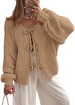 PRETTYGARDEN Women's Tie Front Bow Cardigan Sweaters Chunky Knit Long Puff Sleeve Trendy Fall Winter Jacket Coats (Camel,Medium)