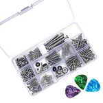 Amadget 256 Pieces Electric Guitar Screw Kit Assortment Box for Electric Guitar Bridge, Pickup, Pickguard, Tuner, Switch, Neck Plate, with Springs, 3 Pcs Random Color Picks (9 Types, Chrome)