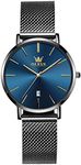 OLEVS Black Watch for Women Blue Face Slim Womens Watch for Small Wrists Easy to Read Stainless Steel Mesh Bracelet Female Dress Wristwatch with Date Fashion Casual Thin Ladies Wristwatch Waterproof