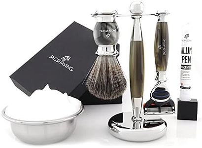 Jag Shaving Shaving Kit - Set da 3 pezzi - Gamma Jag Lee - 5 bordi rasatura lama rasatura rasoio - Silvertip Badger rasatura pennello - Elegante supporto da barba - imitazione corno verde