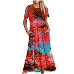 Generic Q-465 Red Ladies Short Sleeve Swimsuits Floral Loose Fit Dresses Swimsuits Swim Dress for Women Boat Neck Beach Lounge Hawaiian Maxi Long Midi Swimsuits 2024 OK L