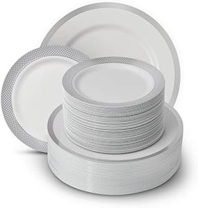 By Madee: HEAVYWEIGHT 100 Pcs White and Silver Plastic Plates | 50 Dinner Plates & 50 Dessert Plates | Silver Party Plates | High End Disposable Plates | Nice Plastic Plates for Party (50 Guests)
