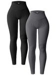 OQQ Women's 2 Piece Yoga Leggings Ribbed Seamless Workout High Waist Cross Over Athletic Exercise Leggings, Black Darkgrey