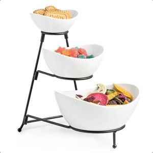 Miamolo Triple Ceramic Serving Bowl Set with Stand - White Serving Tiered Stand,Set of 3 Oval Bowl Set Perfect for Table Decoration Set Party Chip Rack Display Salad Bar Serving Set - Black Stand