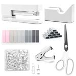 White Office Supplies, UPIHO White Desk Accessories, Stapler and Tape Dispenser Set for Women with Stapler,Tape Dispenser, Staple Remover, Staples,Scissor and Tabs for Students Office Clerks