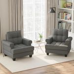 Giantex Mid Century Modern Accent Chair Set of 2, Tufted Linen Single Sofa Chair w/Thick Pillow, Cushion, Solid Rubber Wood Frame, Studded Upholstered Reading Arm Chair for Living Room, Bedroom, Grey