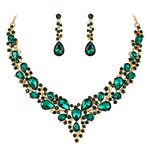 BriLove Wedding Bridal Jewelry Set for Women Austrian Crystal Teardrop Cluster Statement Necklace Dangle Earrings Set Emerald Color Gold-Toned