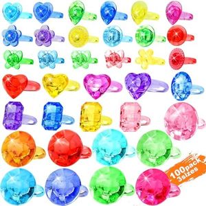 100pcs 3-Size Gem Diamond Rings Toys for kids&Unisex Adult,Bulk Plastic Ring Princess Party Favors Dress Up Jewel Ring,Goodie Bag Stuffers Fillers Carnival Prizes, Little Girl Christmas Birthday Gift