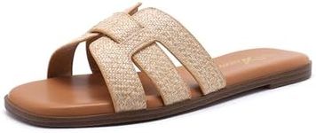 Athlefit Women's Flat Sandals Dressy Summer Square Open Toe Slip On Leather Raffia Slide Sandals Size 8