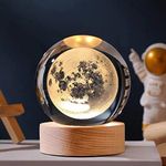 3D Planet Crystal Ball Night Light,Moon Crystal Ball with Wooden Base,Crystal LED Night Light,3D Engraved Solar System Planets Crystal Ball with LED Light Base,Home Decoration